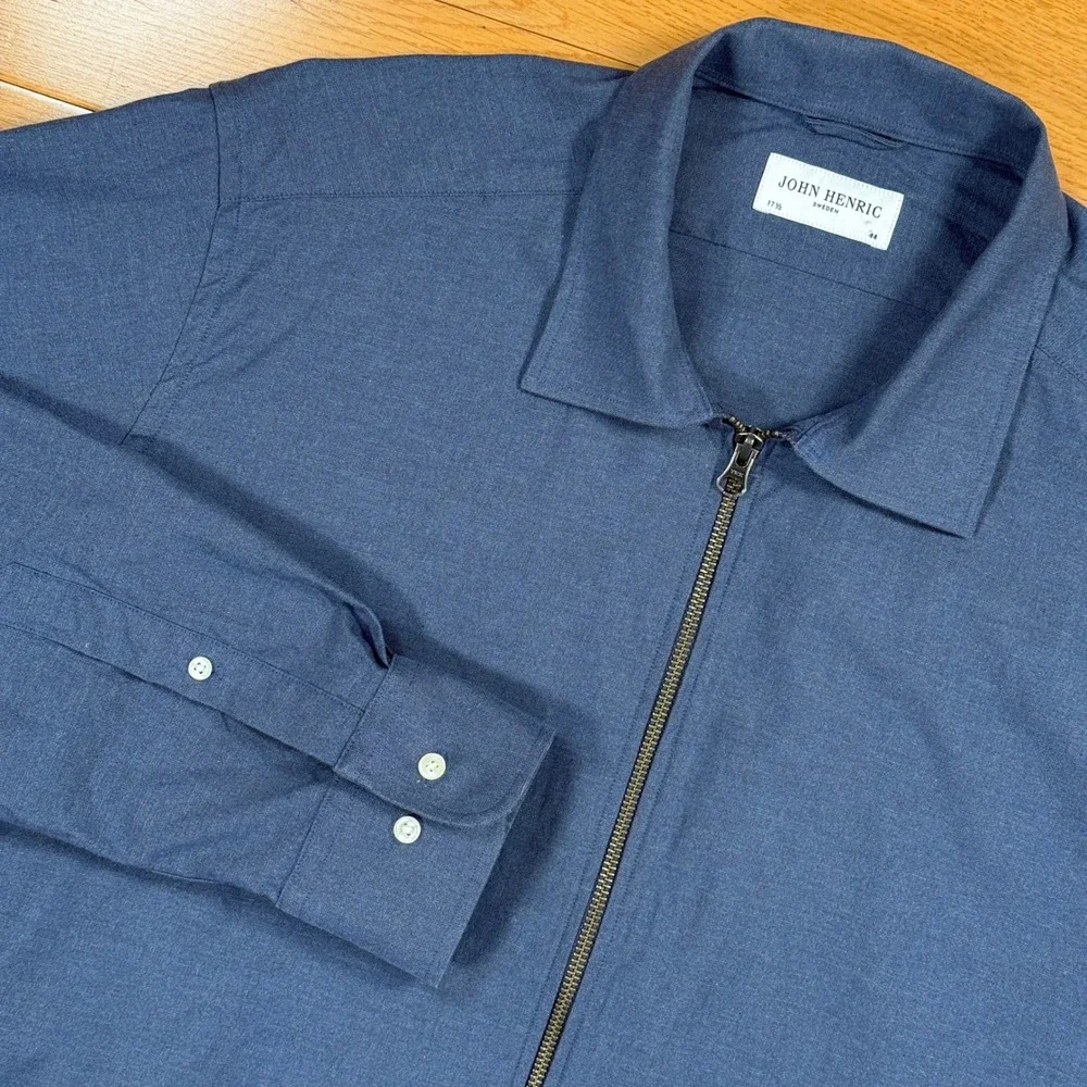 John Henric Sweden Mens Size 17.5 / 44 Blue‎ 100% Cotton Full Zip Shirt Jacket